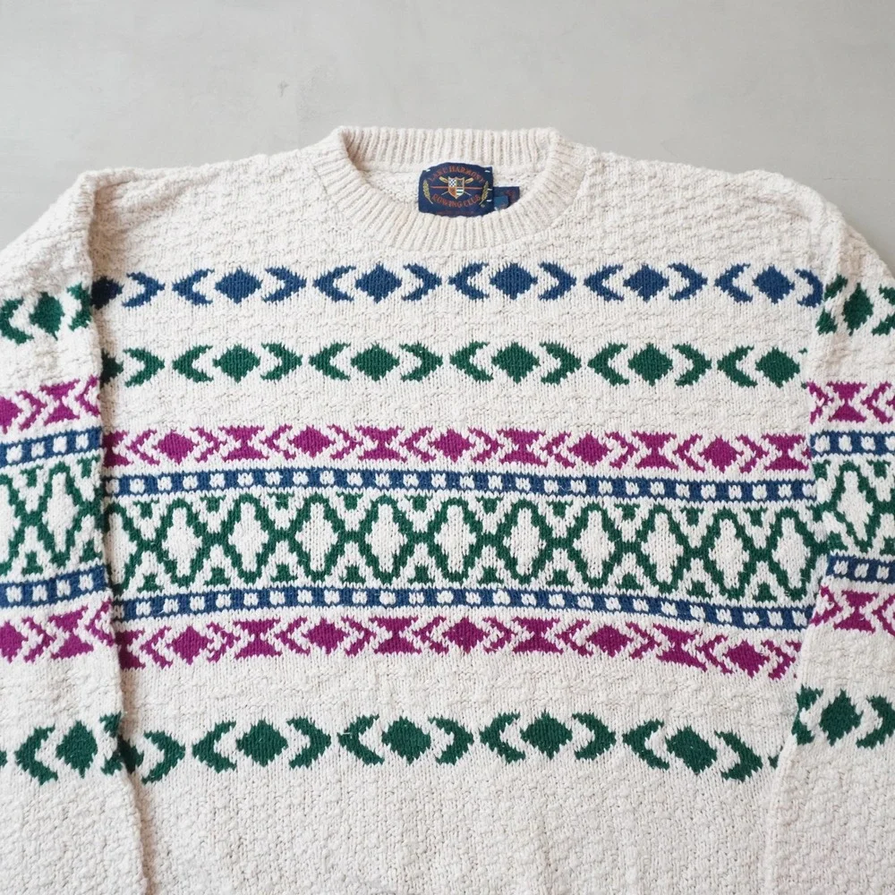 Vintage Lake Harmony Rowing Club Sweater XL Mens White Geometric Knit USA Made